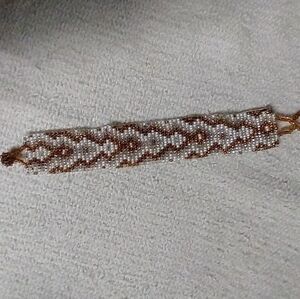 Gold white wide beaded flat tribal ethnic bracelet